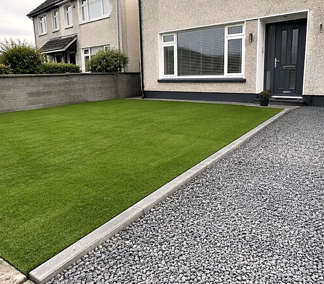 Artificial grass beside a gravel driveway