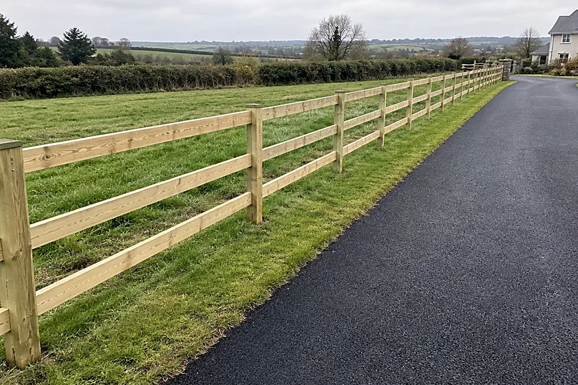 A timber post and rail fence beside a tarmacadam driveway