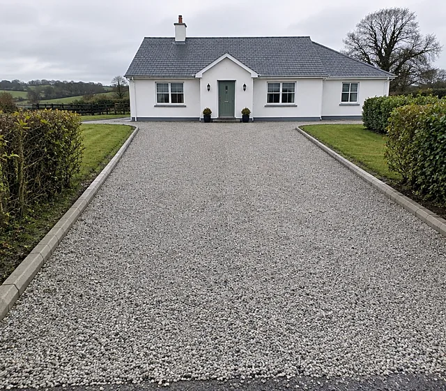 A gravel driveway with kerb edging at a country house