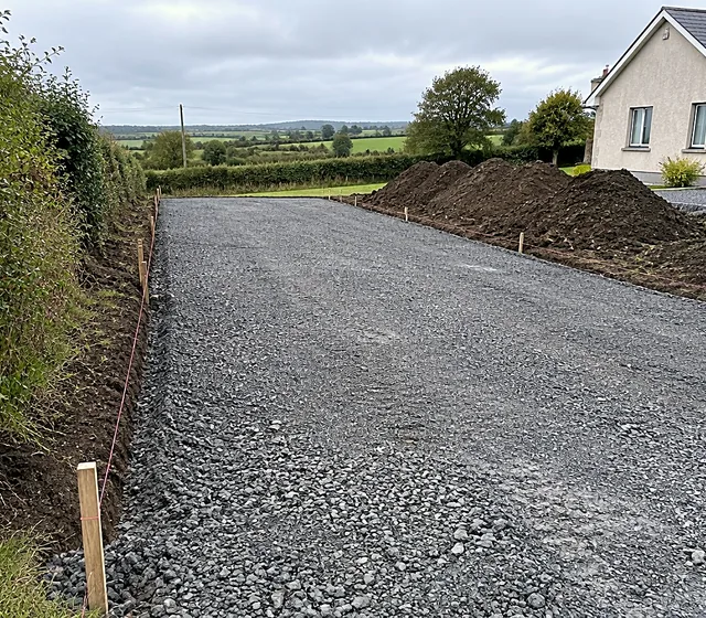 A cleared site with a stone base laid for a new driveway