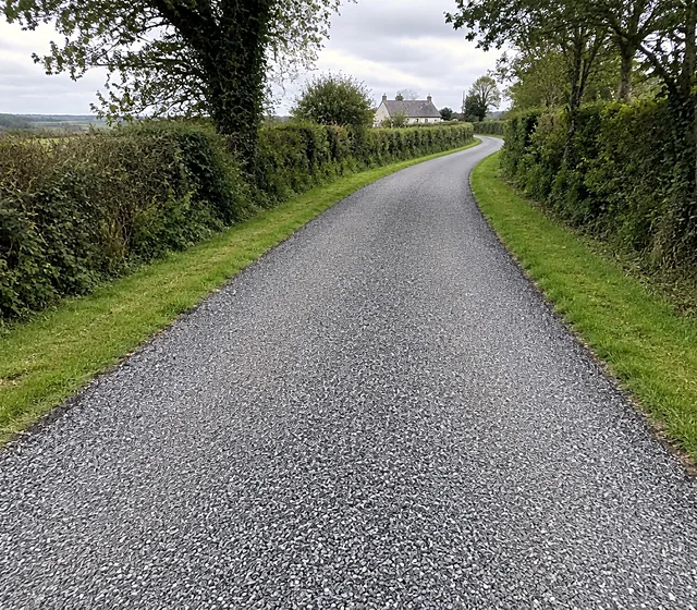 A tar and chip private lane between hedgerows