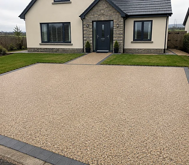A resin bound driveway with a dark border