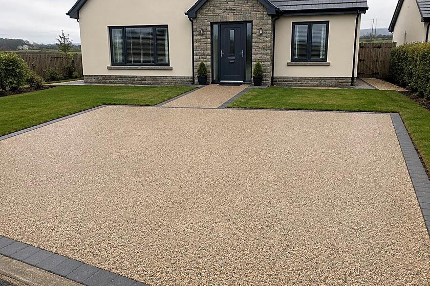 A resin bound driveway with a dark border