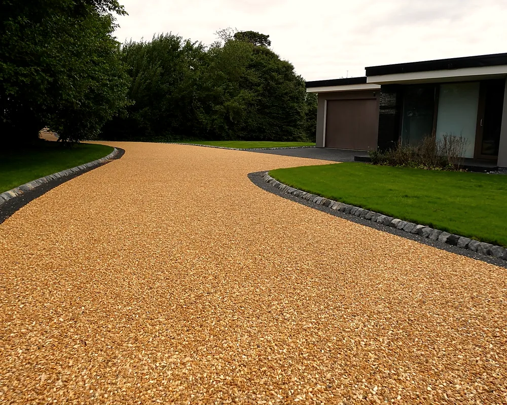 A tar and chip driveway at a modern house