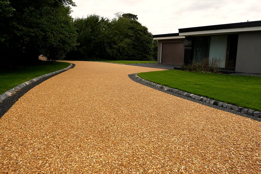 A tar and chip driveway at a modern house
